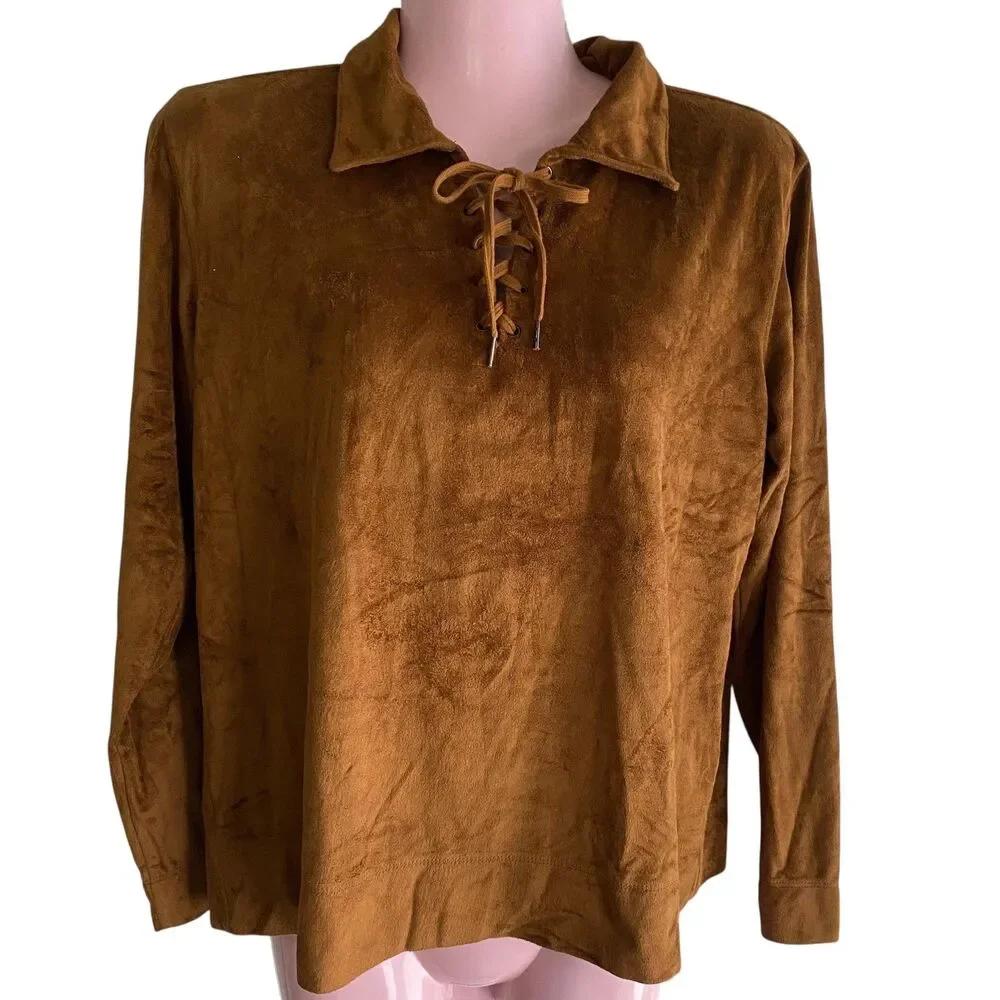 Liz Claiborne Pullover Womens Medium Brown Faux Suede Lace Up Top Long Sleeve - Picture 1 of 7